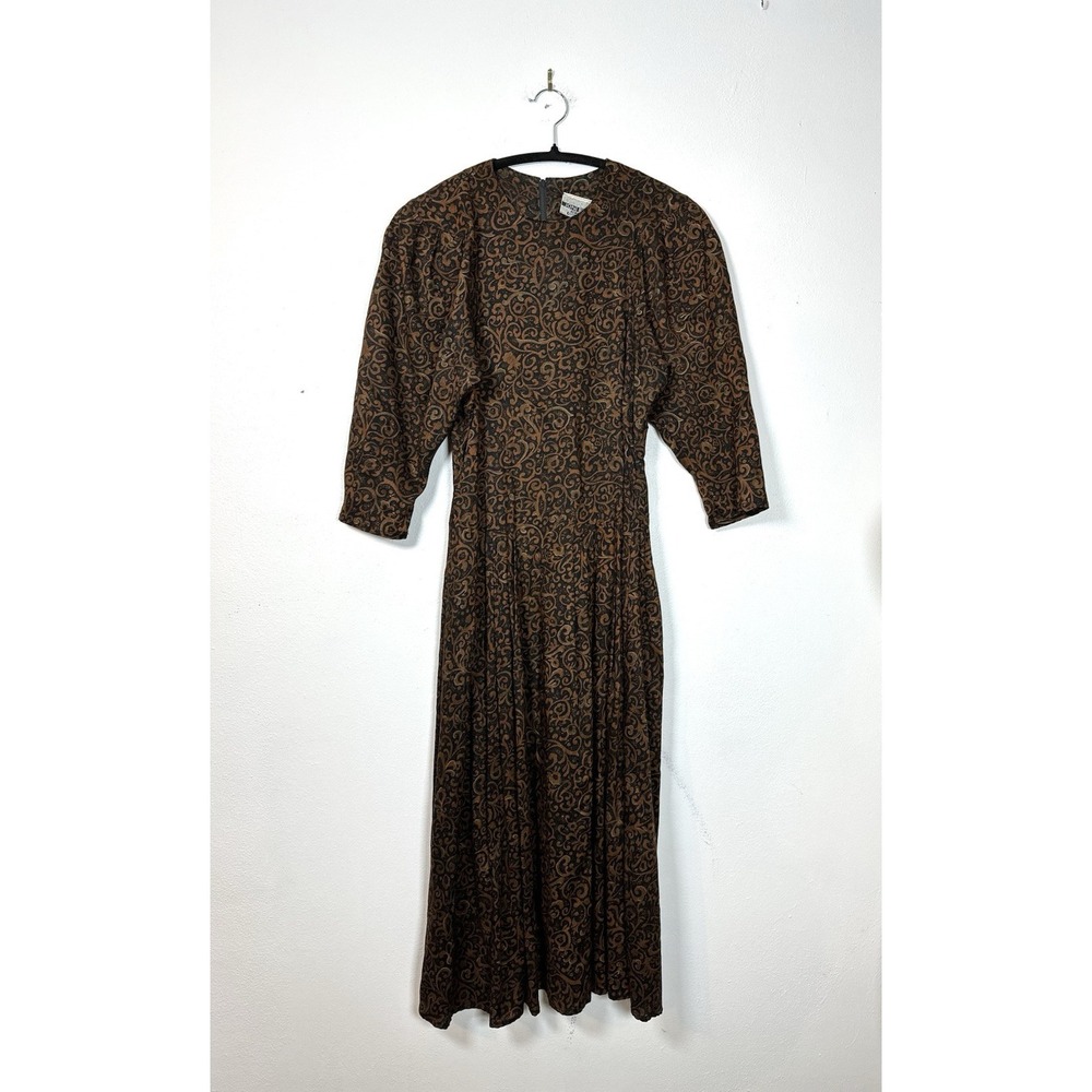 Vintage Joni Blair of‎ California 1980's Brown Floral Puff Sleeves Midi Modest